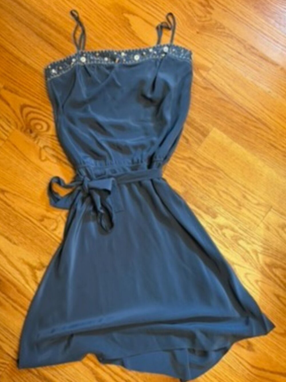 BCBGMaxAzria. Periwinkle/dusty blue strappy embellished silk dress, size SM